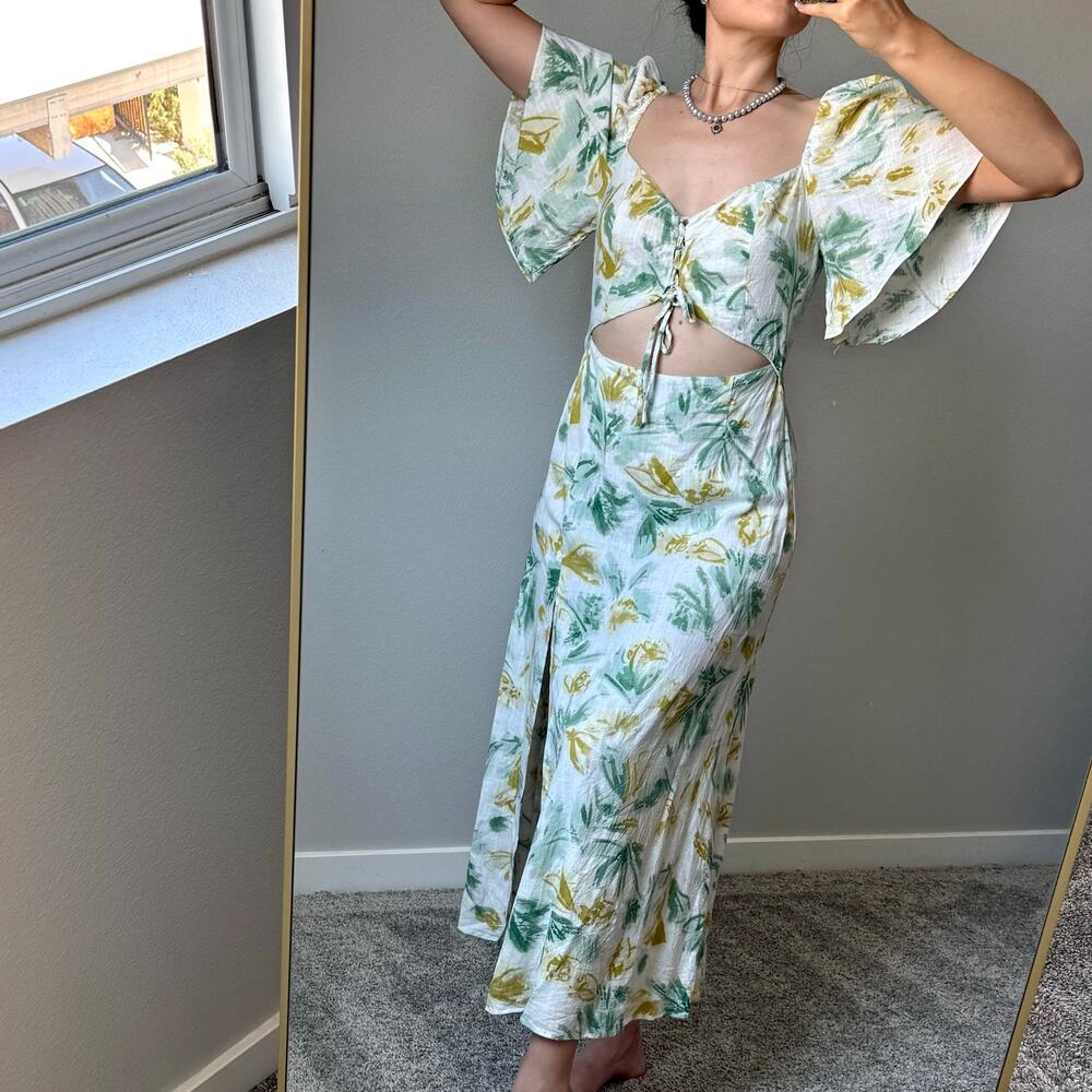 Zara Linen Blend Floral Midi Dress Cut Out Tie Front Puff Sleeve M Beach Summer